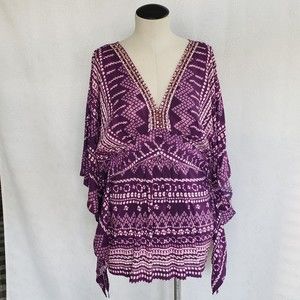 eci New York Womens Boho Kimono Top Size M Purple Batik Print Peplum Blouse